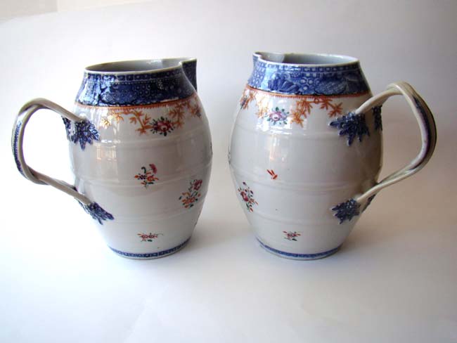 A Pair of Chinese Export Porcelain "Mandarin Palette" Cider Jugs circa 1785-1790
